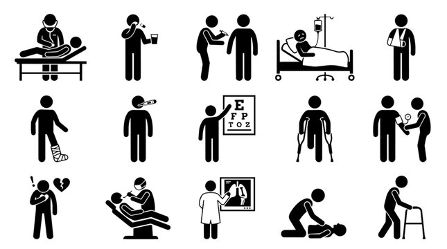 Healthcare and emergency medicine stick figures icon set