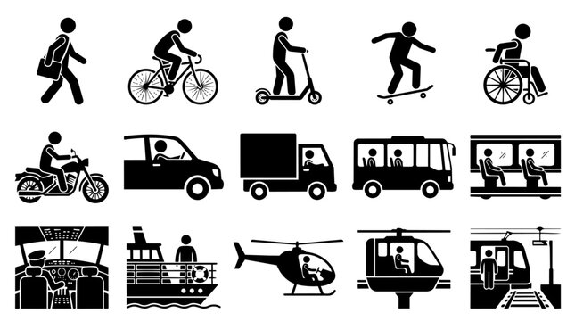 Transportation and travel modes icon set