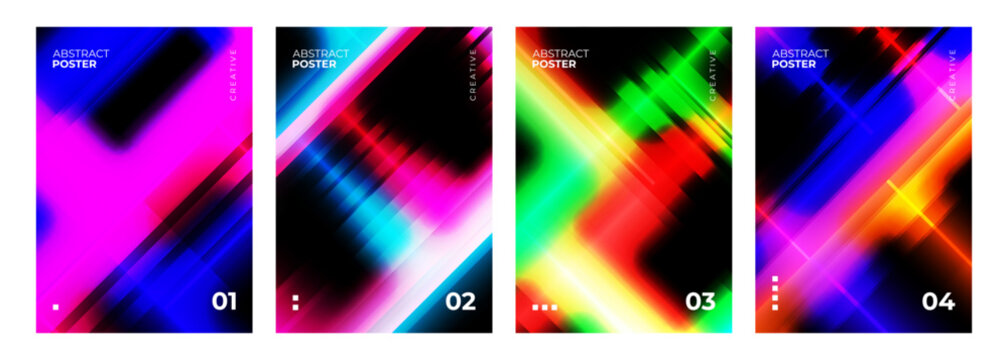 Set of Abstract Posters. Vibrant blurred neon gradient light effect and glitch aesthetic. Creative graphic designs collection. Vector illustration.