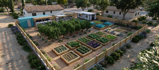 Fototapeta premium Residential garden with orchard, raised vegetable beds, compost area, and irrigation zones