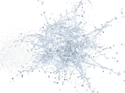 Realistic dynamic water splash with flying droplets liquid burst isolated on white background
