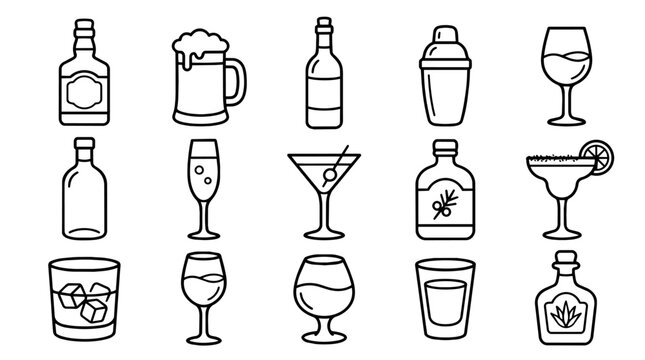 Outline icons set of various alcoholic beverages and bar items