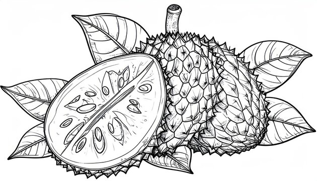 Detailed botanical illustration of whole and sliced soursop fruit.