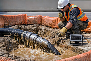 Fototapeta premium Construction worker inspecting flooded pipeline trench with monitor device.