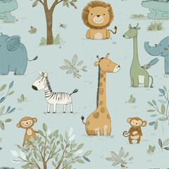 Fototapeta premium Safari animals pattern with giraffes, elephants, and lions on a light blue background. Cute cartoon jungle animals seamless pattern