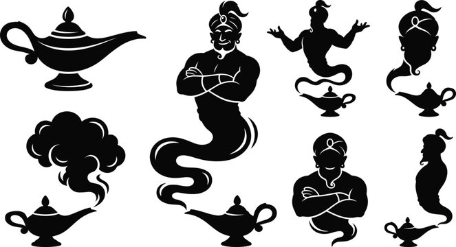 Arabian nights genie and magic lamp black silhouette vector set with mystical smoke clouds and powerful cartoon spirits