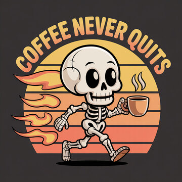 Cartoon skeleton running with coffee cup and flames background transparent background