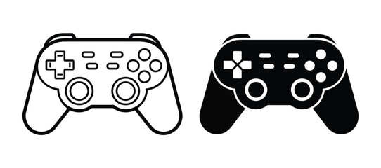 Gaming gamepad controller icons, flat and line style joystick console symbols with directional pad for interactive entertainment. © Gary D. Marlow