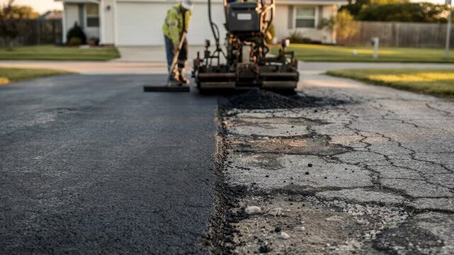 Medium angle capturing asphalt resurfacing on an existing driveway at a family home emphasizing the worn to renewed surface transformation process