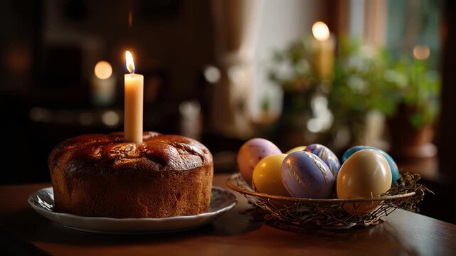 Easter Celebration: A Beautifully Decorated Cake with a Candle and Colorful Eggs Capturing the Essence of Festivity and Family Gatherings in a Cozy Atmosphere