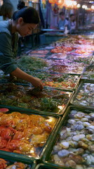 Obraz premium Vendor arranging fresh foods at a market stall showcases local produce, culinary culture, healthy ingredients and vibrant food diversity.