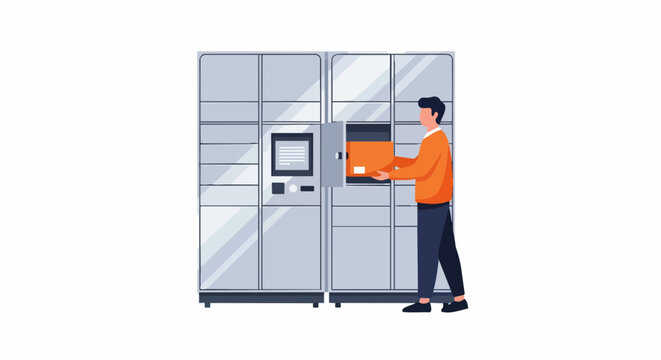 Man Using Automated Parcel Locker Station for Package Pickup and Delivery Illustration
