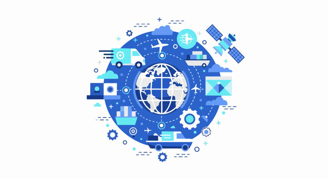 Global Logistics and Supply Chain Network Concept Illustration with Earth, Truck, Ship, and Airplane Icons for International Trade and Shipping Services