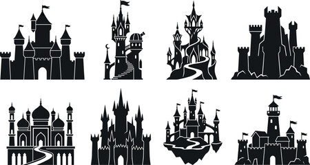 Obraz premium Fantasy Castle Silhouette Collection Featuring Medieval Fortresses Fairy Tale Palaces and Magical Architecture