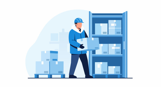 Warehouse Worker Handling Packages in Cold Storage Facility Illustration