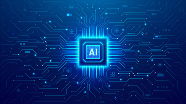 Digital futuristic luminous AI processor concept. Vector banner with blue artificial intelligence processor on circuit motherboard with glowing elements. Tech branding, AI computing.