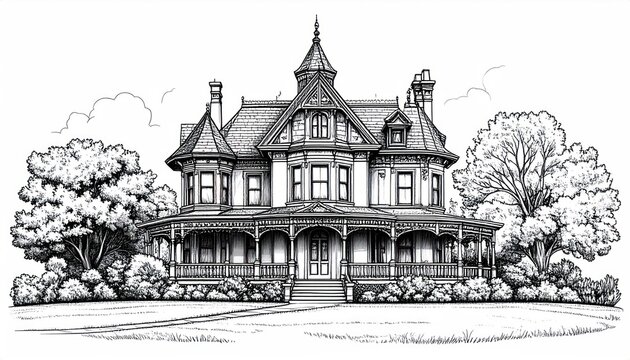 Detailed historic Victorian mansion coloring page for adults.