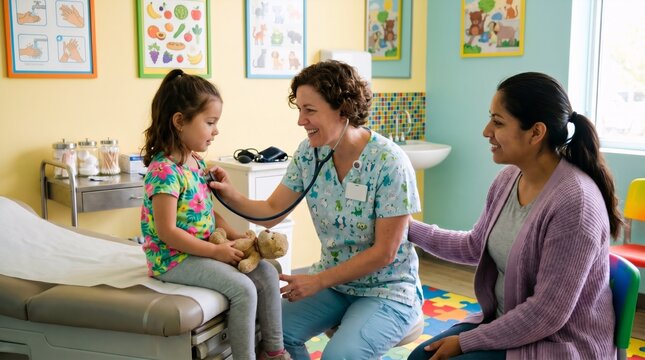 Pediatrician examining little girl with stethoscope in clinic. Doctor checking female child health while mother sits nearby. Professional medicine, bright medical office and care concept.