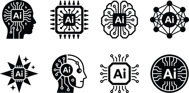 Artificial intelligence icons represent diverse concepts of machine learning and computational logic in a clean grid layout.