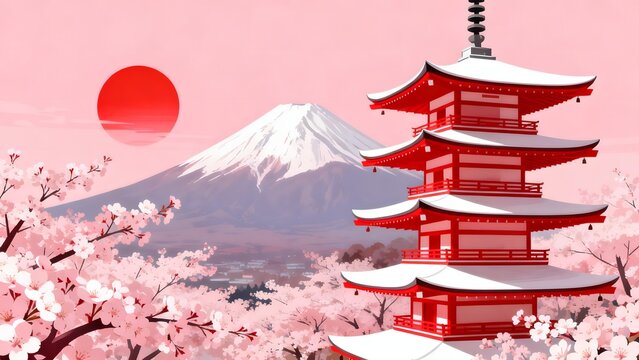 Japanese pagoda cherry blossoms and mountain