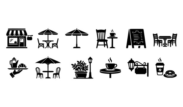 Terrace Cafe Silhouette Icons Set Black Outdoor Dining Vector Collection
