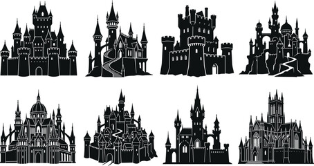 Fantasy Castle Silhouette Bundle Featuring Medieval Fortresses Royal Palaces and Gothic Architecture Collection © MdSumon