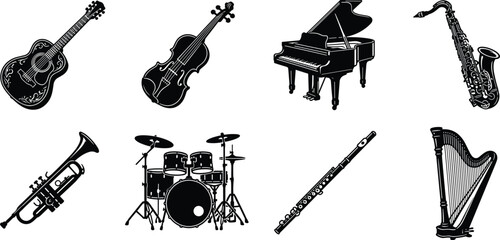 Vintage Musical Instruments Silhouette Set with Guitar Violin Piano Saxophone Trumpet Drums Flute and Harp © MdSumon