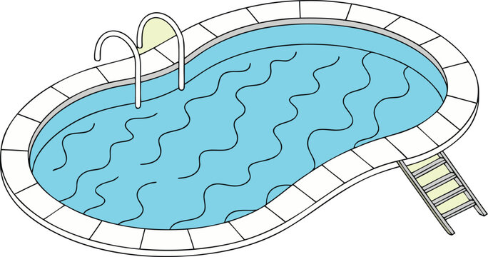 Isometric backyard swimming pool vector illustration featuring a kidney shaped water basin stone tile coping metal handrail and step ladderIsometric backyard swimming pool vector illustration featurin