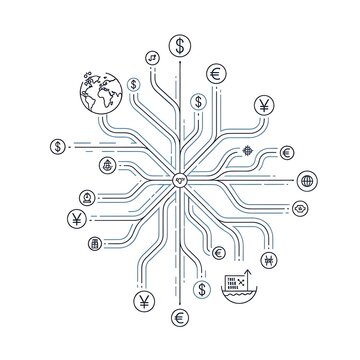 Mind map diagram with interconnected symbols and icons.