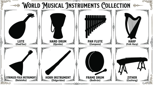 World Musical Instruments Collection Featuring Traditional Folk String Wind and Percussion Instrument Silhouettes