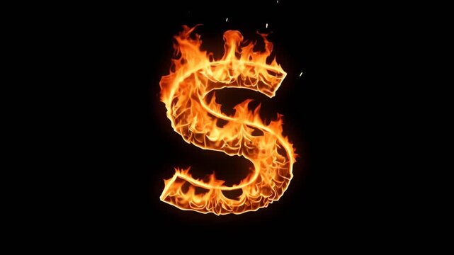 Capital letter S made entirely of realistic fire flames burning on black background.
