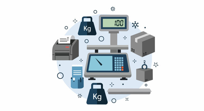 Industrial weighing scale with shipping boxes and label printer for warehouse logistics and e-commerce fulfillment illustration