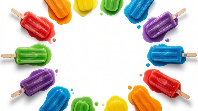Vibrant rainbow popsicles melting into a colorful circular frame on a bright white background, symbolizing summer joy and refreshing treats