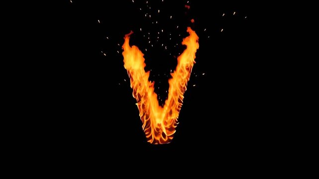 Capital letter V made entirely of realistic orange flames on black background.
