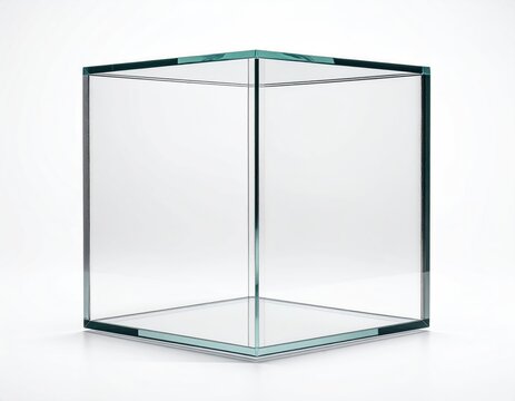 A clear, empty glass cube with reflective surfaces on a white background