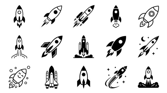 Space rocket launching and flying icons set