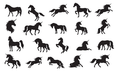 Fototapeta premium Set of silhouette of horses. isolated black silhouette of galloping, jumping, running horse on white background