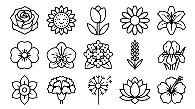 Simple line art flower icons collection