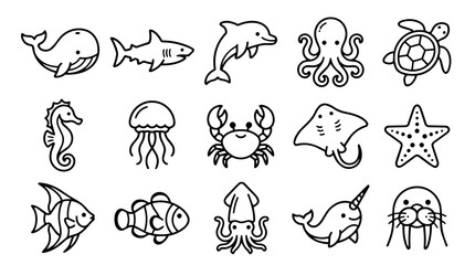 Fototapeta premium Cute marine animals character icon set