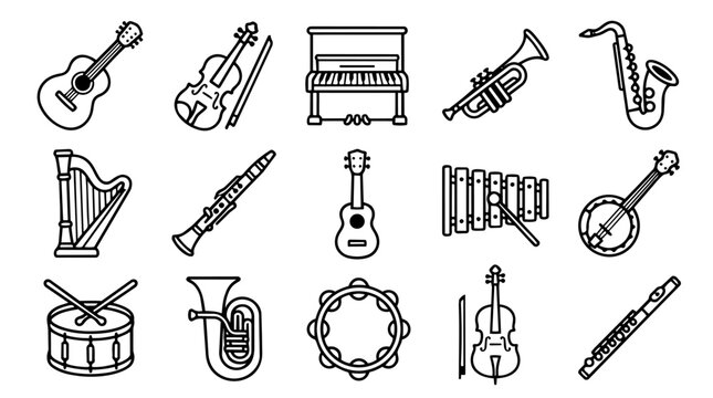 Set of various musical instruments line icons