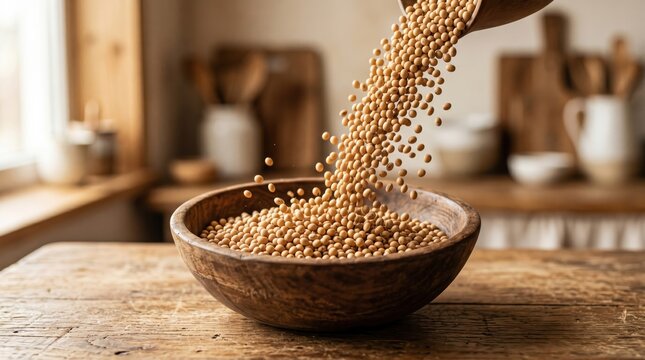 Golden soybeans (Glycine max) pour into a rustic wooden bowl on a wooden kitchen table. Essential for plant-based nutrition, healthy cooking ingredients.
