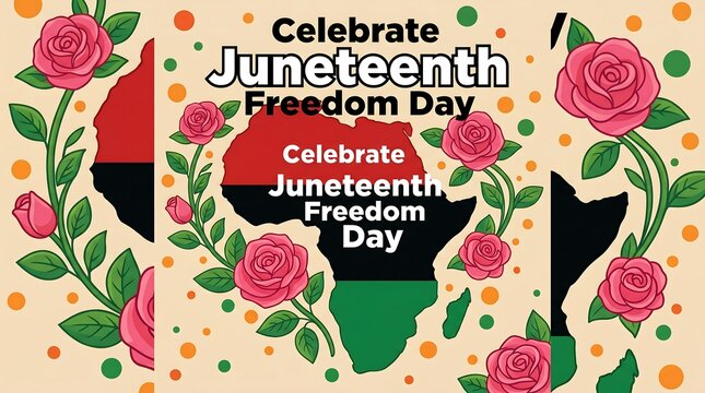Juneteenth Freedom Day celebration banner, African continent map with Pan-African flag colors, floral rose background for Black History and emancipation