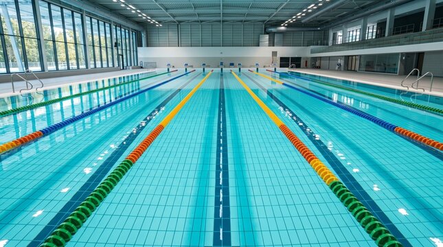 Empty indoor competitive swimming pool viewed from poolside perspective, crystal clear turquoise water with visible tiled pool floor, multiple lap lanes separated by floating lane dividers in alternat