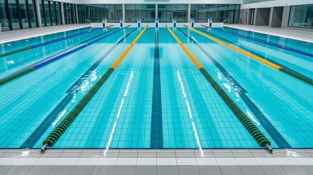 Empty indoor competitive swimming pool viewed from poolside perspective, crystal clear turquoise water with visible tiled pool floor, multiple lap lanes separated by floating lane dividers in alternat