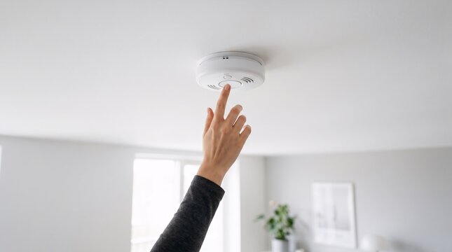Woman pressing button on smoke detector installed on ceiling. Home fire safety and alarm system check. Residential security equipment maintenance to prevent fire hazard in apartment.