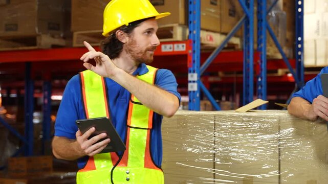 Factory manager and quality control inspector review production process line in food manufacturing plant with safety and industrial packaging operation in modern processing facility.