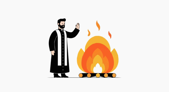 Man in black robe standing next to burning fire