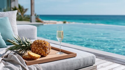 Obraz premium Champagne and pineapple by an infinity pool overlooking the ocean