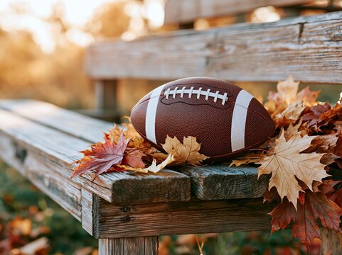American football resting on a rustic wooden bench surrounded by autumn leaves