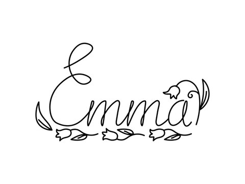 Name Emma,lettering, doodle,one line,flowers patterns. Card with beautiful name Emma in flowers. Female name decorative lettering type design